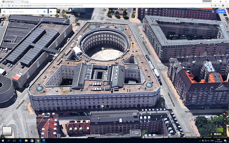 Google Maps med Politigården i skråprojektion fra et andet verdenshjørne