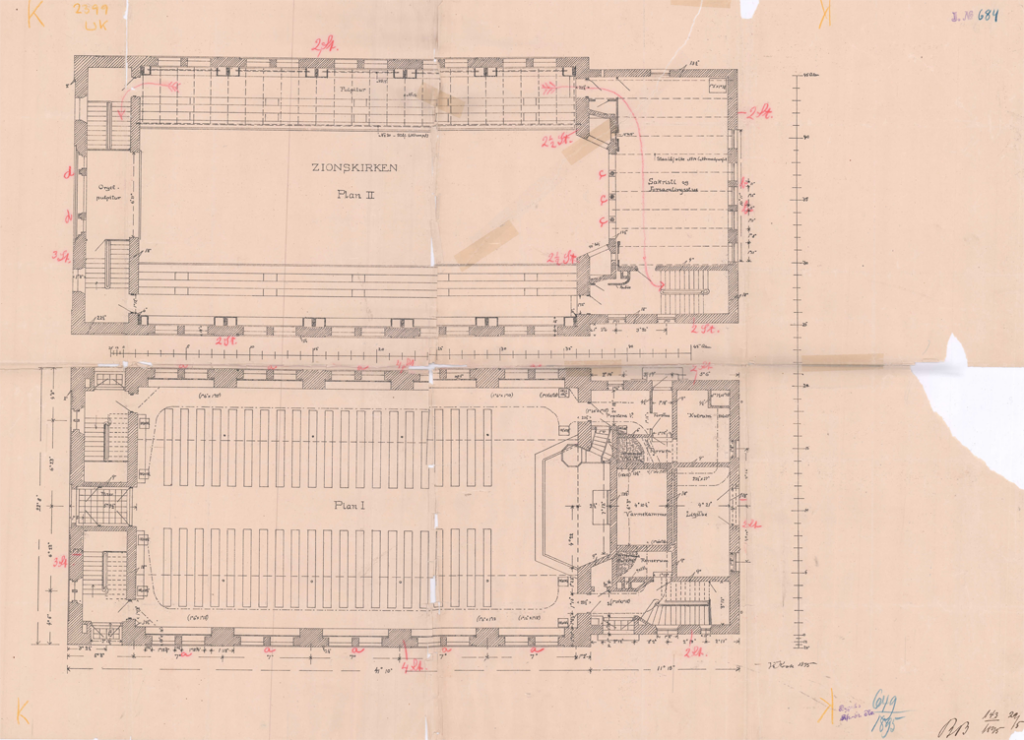 Sions Church, plan drawings for the original church by architect Valdemar Koch.