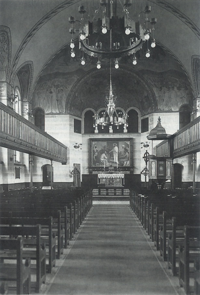 Interior of Sions Church with the original church pews (benches) around 1920. Photo: Christine Christensen. From 100 year anniversary booklet, published by the church in 1996