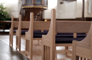 Solid oak church pews (benches) designed for Sion's Church in Copenhagen, 2022. Design: Dorte Wassard og Jacob Würtzen