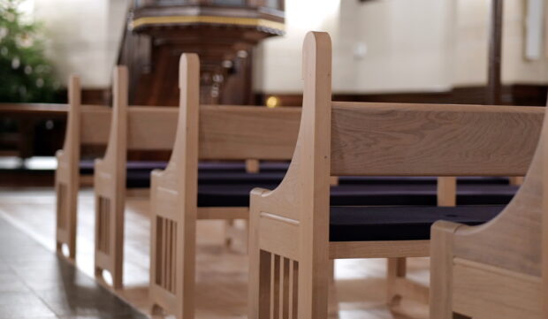 Solid oak church pews (benches) designed for Sion's Church in Copenhagen, 2022. Design: Dorte Wassard og Jacob Würtzen